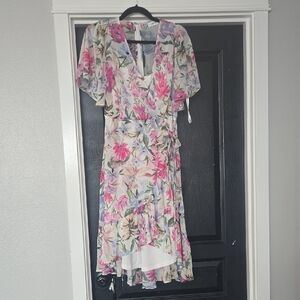 Calvin Klein Pink and Green Floral High Low Flutter Sleeve Dress Size 4